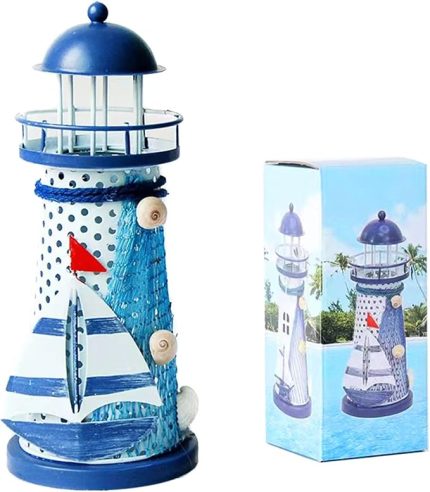 Deniz feneri şeklinde tealight mumluk, metal deniz feneri, Noel masa dekorasyonu, mumluk, 18 cm yüksekliğinde, mavi
