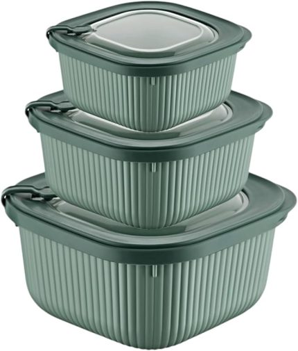 Home 3'lü MicroLine Saklama Kabı Seti, 600-1100-1800 ml, Hava Tahliye Kapağı ile Mikrodalgada Kapağı Kapalı Isıtma, Vakumlu, Sızdırmaz, BPA Free, Silikon Kapaklı,Gıda Saklama PP (Yeşil)