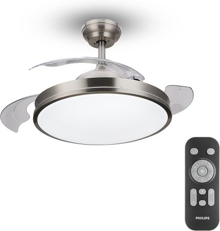 Atlas DC Fan ceiling Tavan Vantilatörlü Armatür, Açılır/Kapanır Kanatlı, Kumandalı, Sarı/Beyaz Işık 28W+35W - Nikel