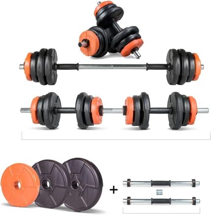 22 KG Multifonksiyonel Turuncu Siyah Halter Seti ve Dambıl Seti
