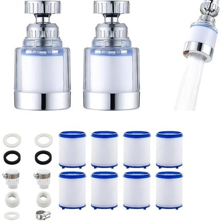 Adet Filtreli Musluk Başlığı Seti – 360° Döner Su Tasarruf Başlığı, 8 Yedek Filtreli, Kireç Önleyici, Tazyikli Akış, Universal Uyumlu Musluk Aparatı – Mutfak ve Lavabo için
