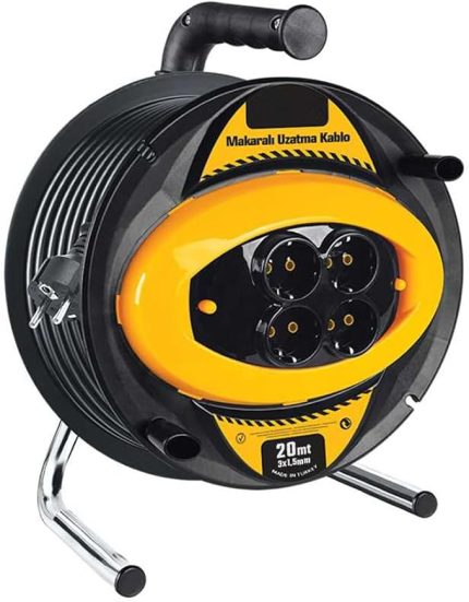 3x1,5mm 20 Metre Makaralı 4'lü Priz, Uzatma Kablo Grup Priz, Metal Ayaklı, Dörtlü Entegre Topraklı Monofaze Priz, Dayanıklı Gövde, Güçlü Metal Ayak