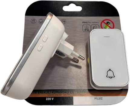Enerjili Kapı Zili Pilsiz Şarjsız Kablosuz Fişi Prize Tak Çalıştır Cata Kumandalı Zil Kablosuz Kapı Zili, 38 Farklı Melodi, Pil Gerektirmeyen Kinetik Buton, 150m Mesafe (Beyaz)