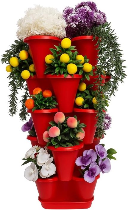 Katlı Şanslı Yonca Kule Saksı Seti Çiçek Bitki Sebze Meyve Salon Mutfak Banyo Bahçe Saksı Seti (Kırmızı)