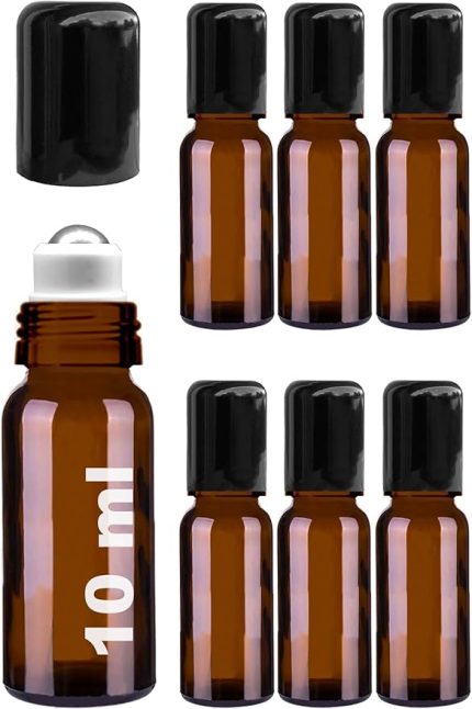 10 ml Çelik Roll On Şişesi 10 cc Sızdırmaz Siyah Kapaklı Cam Şişe 6 Adet (Amber, 10)