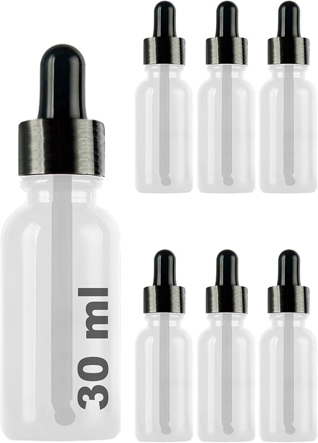 30 ml Metal Kapaklı Damlalık Dropper Şişesi Serum 30 cc Cam Şişe 6 Adet (Siyah Kapak, Şeffaf)