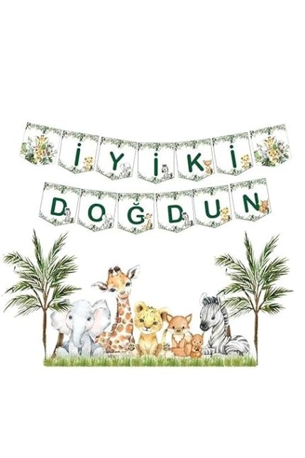 Hediye Sepeti İyi Ki Doğdun Yazısı Doğum Günü Banner, Safari Konsept Temalı Flama, Baby Animal