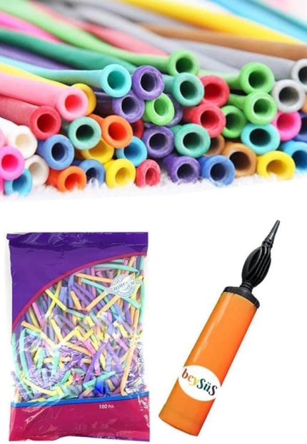 100'lü Adet Makaron Soft Sosis Balon Karışık Renk Uzun Ince Balon 1 Adet Balon Pompası
