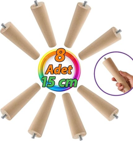 8 Adet Ahşap Ayak 15 Cm Dolap Mobilya Koltuk Kanepe Destek Ayağı Ayakları Konik M8 Civatalı