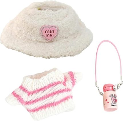 bebek kıyafeti, pelüş hayvanlar için kıyafet, kazak, şapka ve su şişesi ile pembe set, kendin yap projeleri ve hediyeler için ideal, mini bebeklerle uyumlu, pelüş oyuncak kıyafet (oyuncak