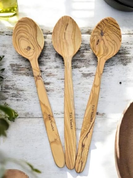WoodArt 3 Adet Edremit Zeytin Ağacı Doğal Ahşap El Yapımı Tahta Kaşık Yemek Kaşığı 29 Cm Tencere Kaşığı