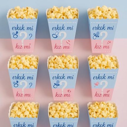 Kız mı Erkek mi Popcorn Kutusu, 8'li Set, Baby Shower ve Cinsiyet Partisi için Mısır Kutuları, Mavi-Pembe