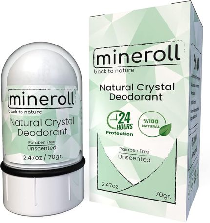 Doğal Kristal Deodorant - Vegan, Kokusuz, 24 Saat Koruma, Kadın ve Erkeler İçin - Alum Taş, Mineral Tuz, Roll-on, 70 gr