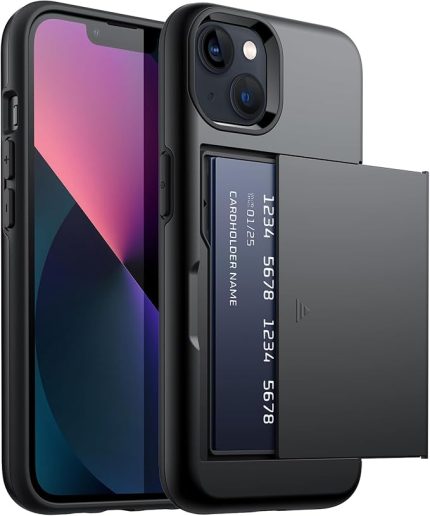 Kılıf ile Kart Tutucu için iPhone 13 6,1 lnç, İki Katmanlı Darbeye Dayanıklı Koruyucu Kapağı, Sürgülü Gizli Yuvası (Siyah)