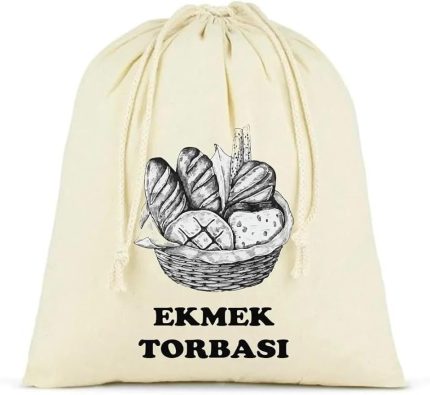 Torbası, Pamuk Bez Torba, 40x40 cm, Baskılı Ekmek Desenli, Krem Rengi