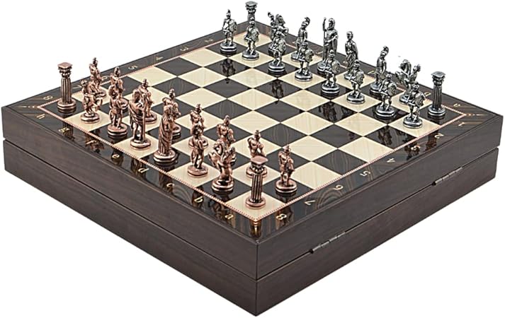 Orta Boy Metal Roma Satranç Takımı Antik ve Ceviz Desenli Sandıklı MDF Tahtası (36x36x6 cm.) - Görsel 3