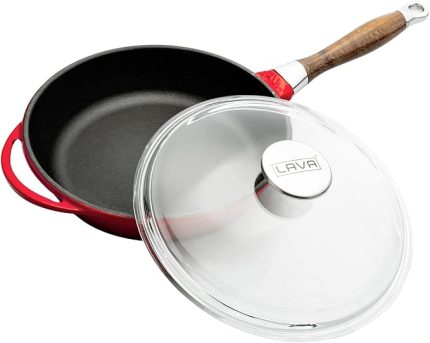 Metal Cam Kapaklı Ahşap Kulplu Yuvarlak Kızartma Tavası, 24 cm, Kırımızı