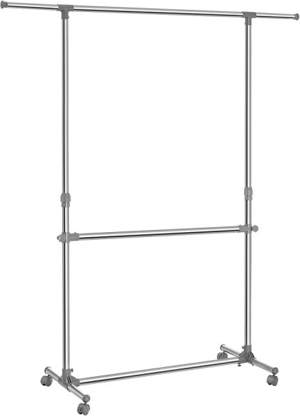 Elbise Askısı Yüksekliği Ayarlanabilir, Elbise Standı, Uzatılabilir Elbise Askısı, Orta Kısımda Ekstra Çubuk, (101-166) X 49 X (113-198) cm, Gümüş/Gri-Yeşil, Llr401