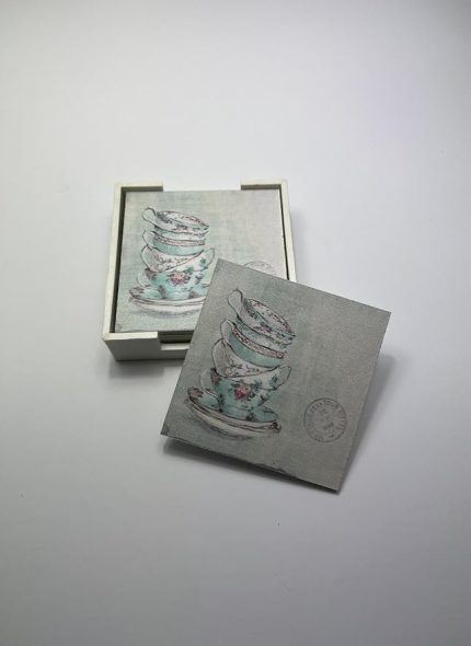 Ahşap Bardak Altlığı Seti (Kutulu - Vintage Fincan Desenli)