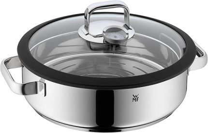 Vitalis Aroma Buharlı Pişirme Tenceresi, 28 cm, 5 L, Cam Kapaklı, Silikon Kenarlı, Pişirme Termometresi ve Buharlı Pişirme Tepsili, Cromargan® Yüksek Kaliteli Paslanmaz Çelik, Fırına Uygun