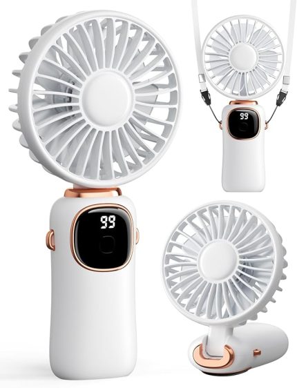 Taşınabilir el vantilatörü, 4000mAh pille çalışan 3'ü 1 arada çok işlevli kişisel seyahat fanı, dijital ekranlı 90° katlanabilir masa vantilatörü, makyaj/ofis için 5 hızlı kirpik fanı (beyaz)