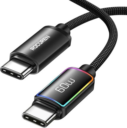 60W Type-C to Type-C RGB Aydınlatmalı Örgülü Şarj ve Data Kablosu 2 Metre