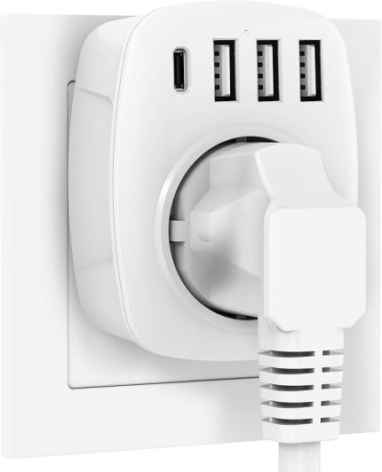 USB soketi, soketleri, 3 USB şarj cihazı (2.4A) ve 1 Tip-C bağlantı noktası (3A), 5'i 1 arada soket adaptörü, USB şarj cihazı, duvar prizi adaptörü, ev aletleri için, akıllı telefon, MP3, PC (beyaz)