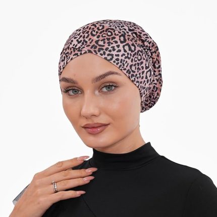 Kadın Leopar Desen Tesettür Çapraz Yüzücü Bone - Deniz Havuz Spor Bone - Günlük Kullanım İçin Arkası Lastikli ve Bağlamalı Boynu Açık Tesettür