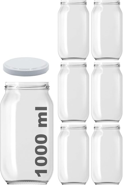1000 ml Konserve Kavanoz Metal Kapaklı Şeffaf Cam 1000 cc Paşabahçe 6 Adet (Beyaz Kapak)