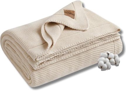 Organik Pamuk Örgü Battaniye – GOTS Sertifikalı, Hafif, Nefes Alabilir ve Rahat Yapısıyla Kanepe, Yatak ve Ev Dekorunda Boho Vintage Tarzı (Natürel, 203X228)