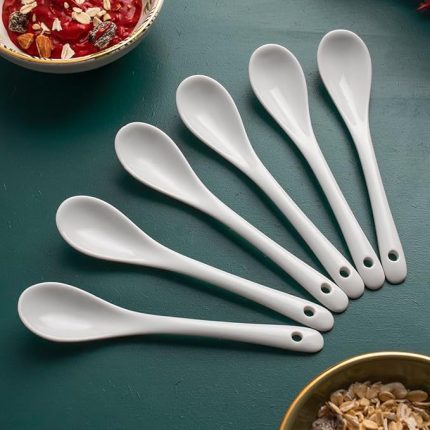 7997-1 6'lı Beyaz Porselen Baharat Kaşığı - Kahvaltılık Bal Reçel Şeker Servis Kaşığı 13 cm