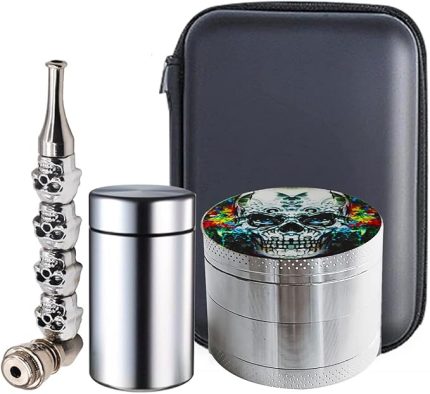 Herb Grinder Seti, Baharat Öğütücü Metal Çinko Alaşımlı 4 Parça 2,0 inç (5 cm) Kafatası Desenli, Borulu ve Mühürlü Kavanoz ve Taşınabilir Kılıflı, Erkek ve Baba için Öğütücü Hediye Seti