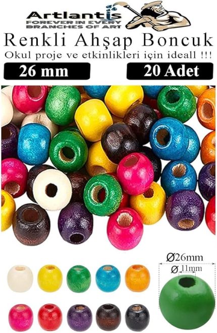 Ahşap Boncuk 26mm 20 li 1 Paket Renkli Ahşap Boyalı Yuvarlak Doğal Boncuklar Saç Takı Tasarım Ektinlik Kreş Okul