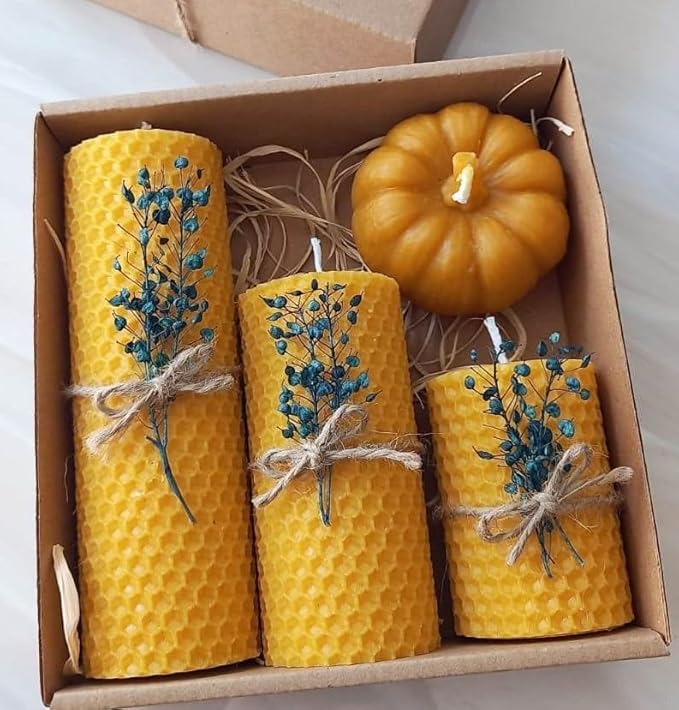 Dekoratif Doğal Petek Balmumu Mum Bal Kabağı Çiçekli Set Bal Mumu mum Hediyelik - Görsel 5