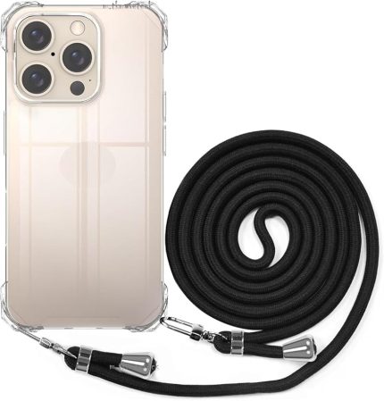 16 Pro Max Kılıf Köşe Korumalı Şeffaf Silikon Boyun ve Omuz Askılı ipli Telefon Çantası ipi