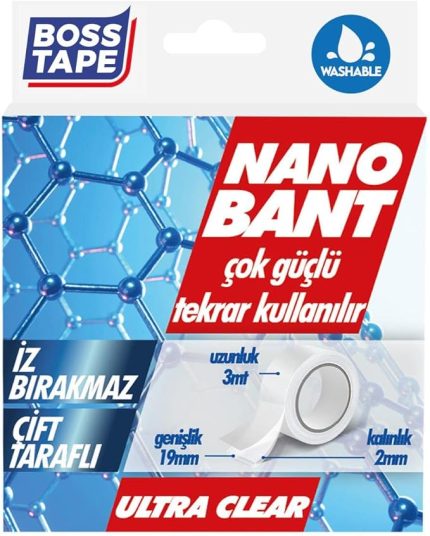 Tape Tarafli Nano Bant, 19 mm x 3 mt Boyut, Seffaf Çift