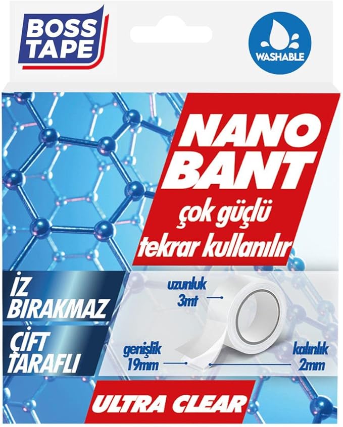 Tape Tarafli Nano Bant, 19 mm x 3 mt Boyut, Seffaf Çift