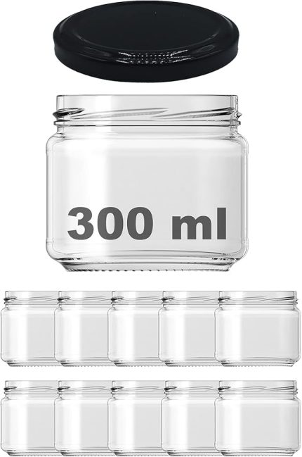 300 ml Metal Siyah Kapaklı Şeffaf Cam Kavanoz 10 Adet