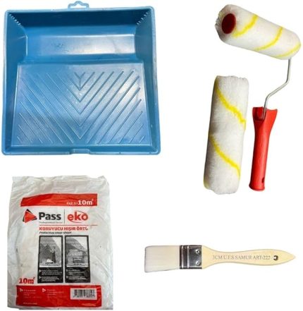 Bırakmayan Büyük Saten Rulo 15 cm ve Yedek Başlığı + Büyük Boyama Kabı + Hışır Örtü + Samur Fırça