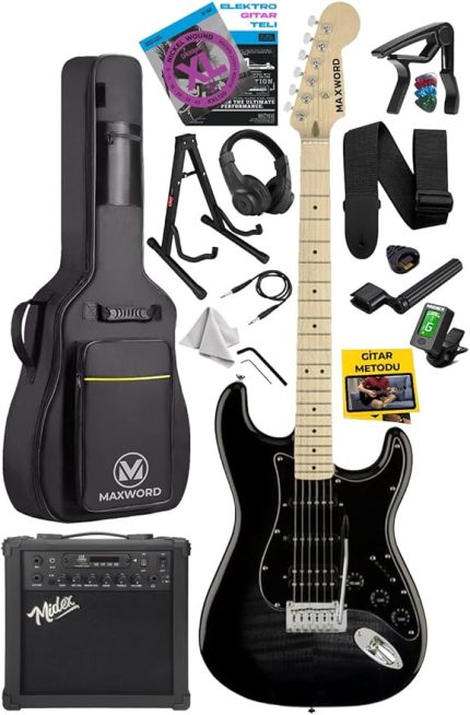 MAP-45BK-25AMP 25W Şarjlı BT Amfili Siyah Elektro Gitar Seti HSS Manyetik Maple Klavye Strat Kasa