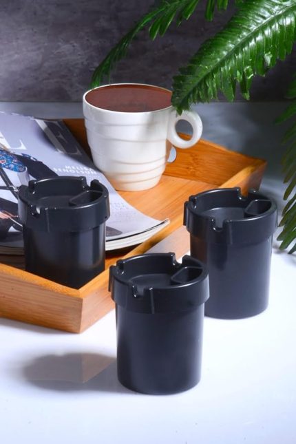 3 Adet Koku Yapmaz Çakmaklık Hazneli Siyah Plastik Küllük Oto Kül Tablası Kül Tabağı