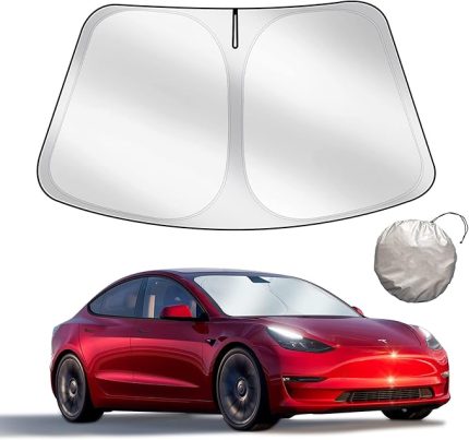 Model 3 / Y için özel güneş koruması, ön cam, çift katmanlı ışık geçirmez kumaş, katlanabilir güneş koruması, saklama çantalı, Tesla Model 3 Y 2024 için Chirano aksesuar