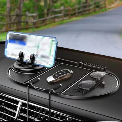 İçi Kaydırmaz Telefon Tutucu ve Torpido Düzenleyici – Numara Göstergeli, 360° Dönebilen, Çok Fonksiyonlu Kaymaz Silikon Mat – 25x18 cm, Siyah