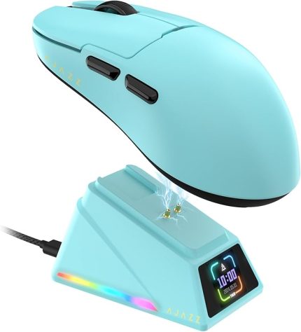 AJ159 APEX 8K Kablosuz Oyun Faresi, TFT Ekranlı Manyetik Şarj İstasyonu, Pixart PAW3950 Sensör, 42K DPI'ya kadar, 56g Ultra Hafif, 100M Tıklama HUANO Anahtar, Üç Modlu Fare, PC/MAC için (Mavi)