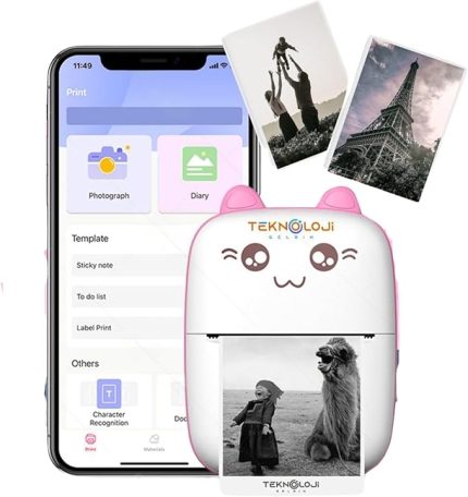 Cep Yazıcı Taşınabilir Bluetooth Kablosuz Şarjlı 6 Rulo 3 Kalem Seti Hediye Pembe Yazıcı