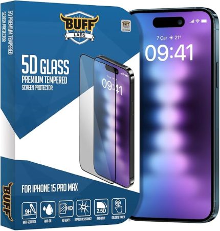 LABS Buff iPhone 15 Pro Max ile Uyumlu 5D Glass Ekran Koruyucu, Şeffaf