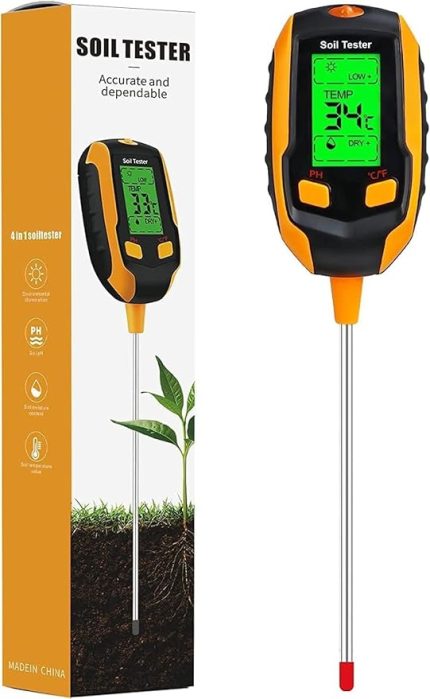 Toprak Ölçer, 4'ü 1 arada Dijital Bitki Toprak Nem Ölçer, LCD Ekran Dijital Bitki Sıcaklığı/Toprak Nemi/PH Metre/Güneş Işığı Yoğunluğu Arka Işık Toprak Test Ölçer İç ve Dış Mekan Bitkileri için