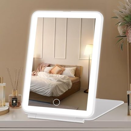 USB Şarj Edilebilir 72 LED Işık Makyaj Aynası 3 Renk Işığı ile Taşınabilir Kozmetik Ayna Kısılabilir PU Deri Makyaj Aynası Işık ve Dokunmatik Anahtarla Katlanabilir (Beyaz)