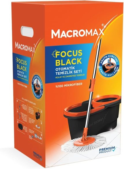 Black Otomatik Temizlik Seti, Pedalsız Döner Sıkmalı 360 Başlıklı Mikrofiber Paspas