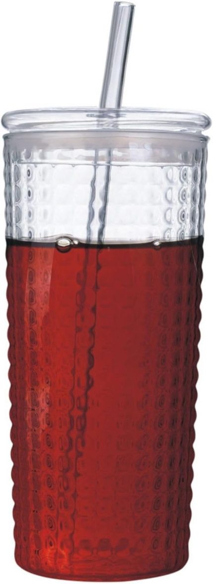 Desenli Borosilikat Cam Bardak, 550ml, Kapaklı ve Pipetli, Soğuk İçecekler İçin